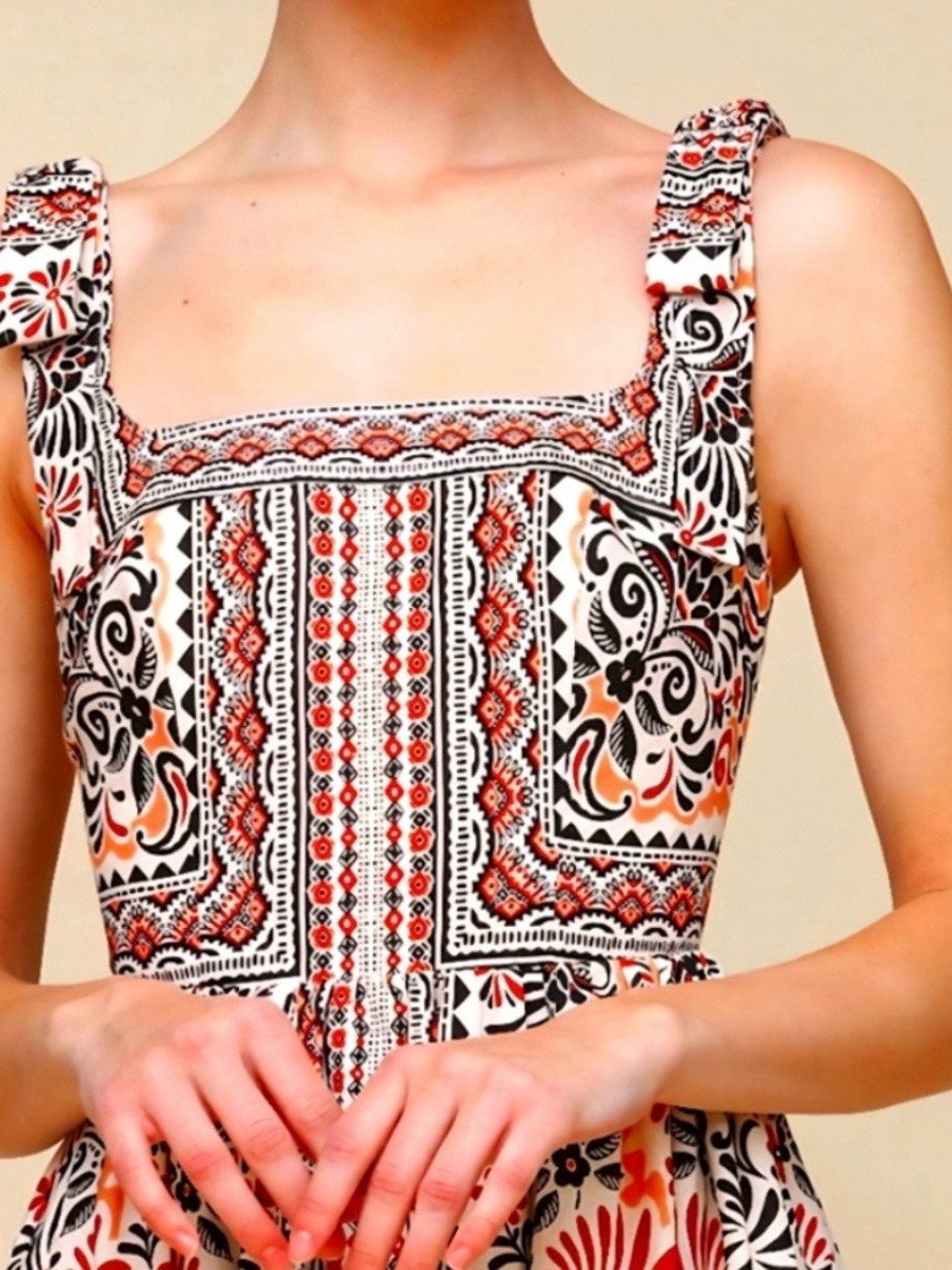 Avec Les Filles Casablanca Tile Linen Blend Bow-Strap Fit & Flare Mini Dress NWT - Picture 3 of 16